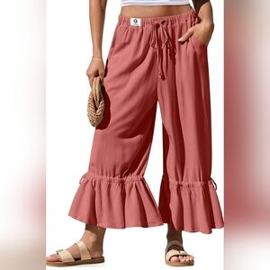 Linen Wide Leg Palazzo Pants Ruffle Hem | Size Large | NWT